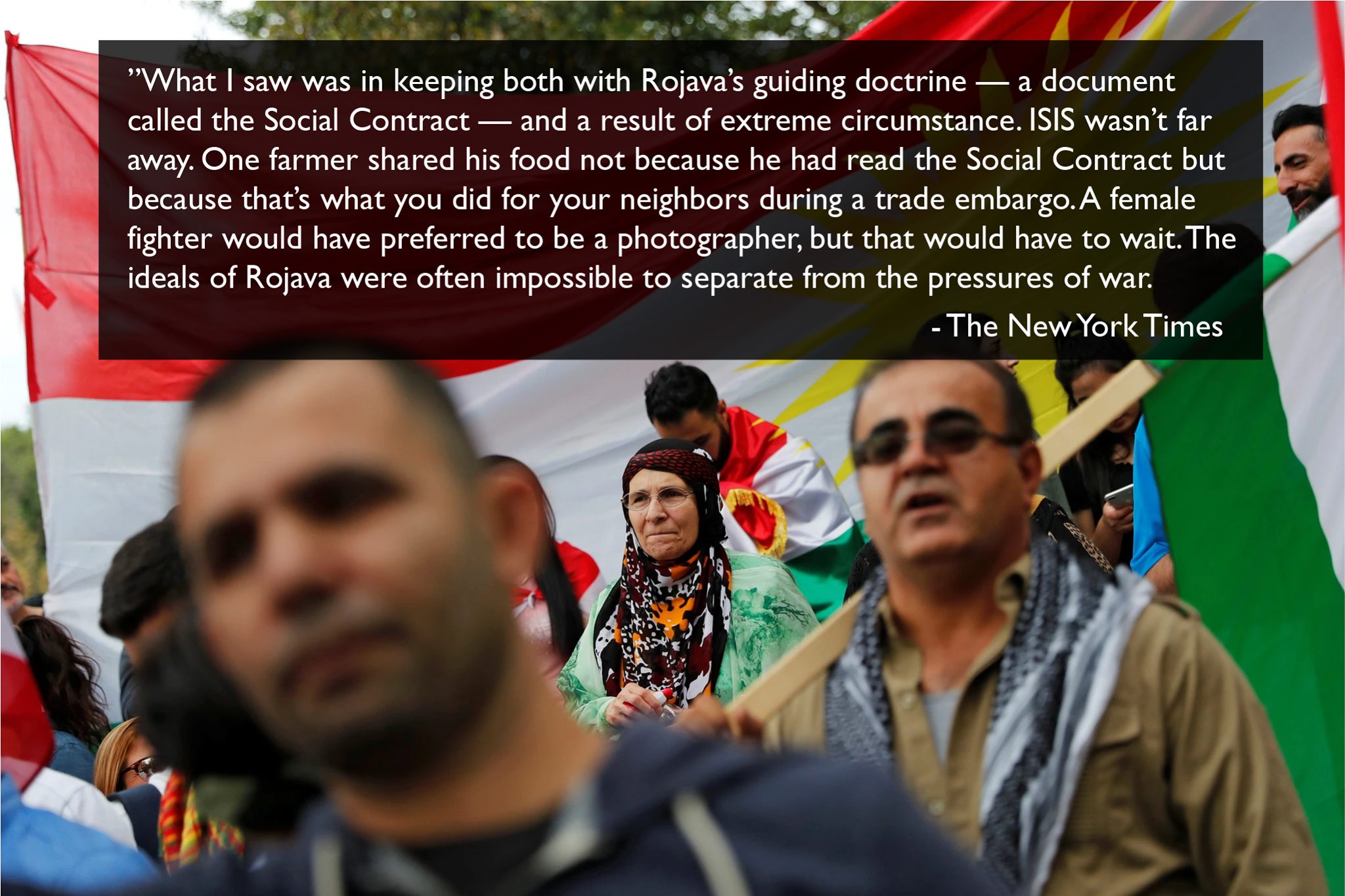 graphic showing a picture of people from Rojava paired with description about their society